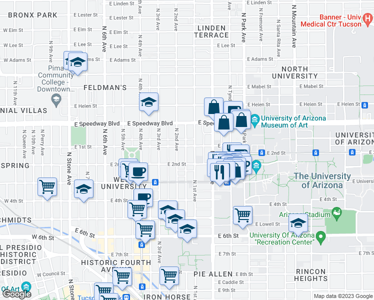 map of restaurants, bars, coffee shops, grocery stores, and more near 921 North 1st Avenue in Tucson