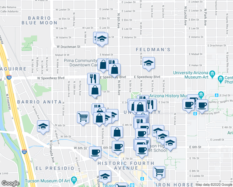 map of restaurants, bars, coffee shops, grocery stores, and more near 924 North 6th Avenue in Tucson