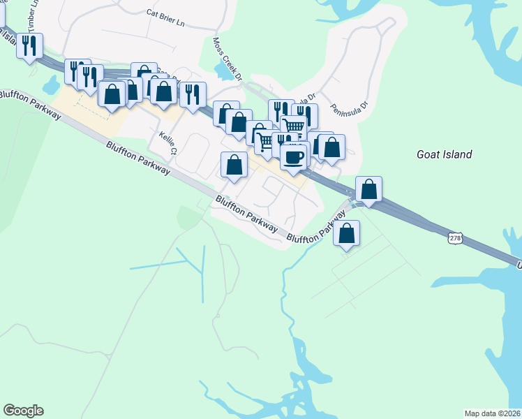 map of restaurants, bars, coffee shops, grocery stores, and more near 117 Black Watch Drive in Hilton Head Island