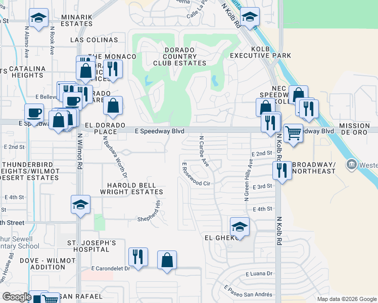 map of restaurants, bars, coffee shops, grocery stores, and more near 989 North Caribe Avenue in Tucson