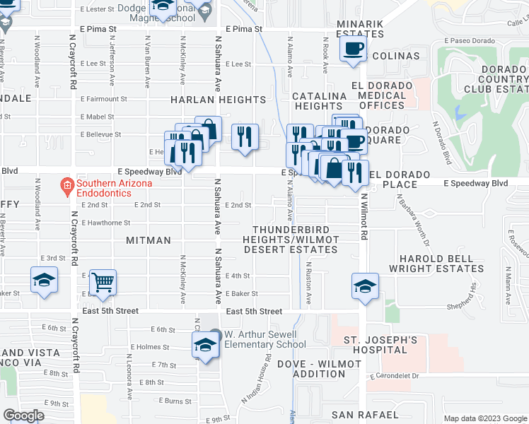 map of restaurants, bars, coffee shops, grocery stores, and more near 6020 East 2nd Street in Tucson