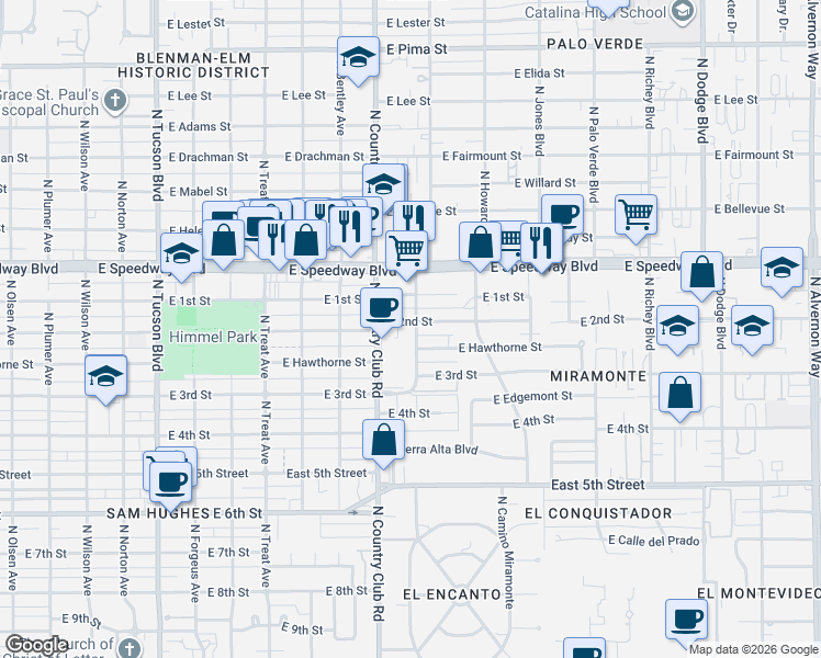 map of restaurants, bars, coffee shops, grocery stores, and more near 3148 East 2nd Street in Tucson