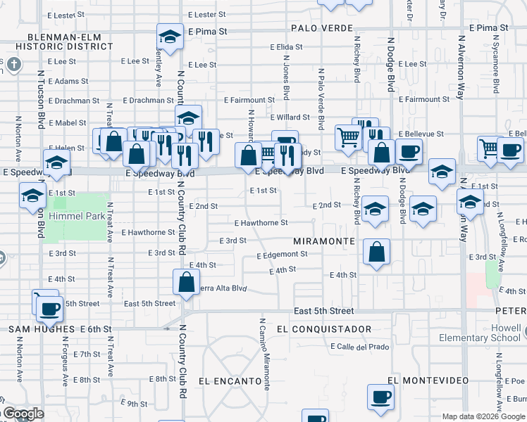 map of restaurants, bars, coffee shops, grocery stores, and more near 3315 East Hawthorne Street in Tucson