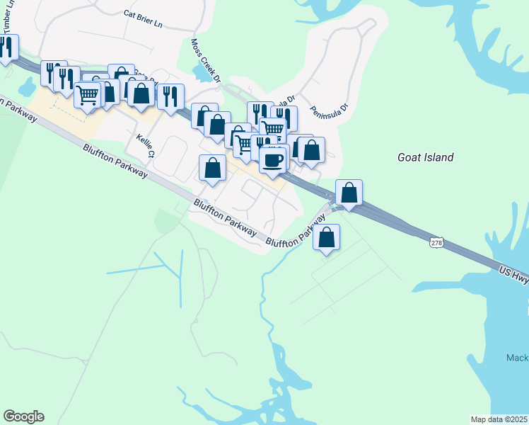 map of restaurants, bars, coffee shops, grocery stores, and more near 46 Wee Road in Hilton Head Island