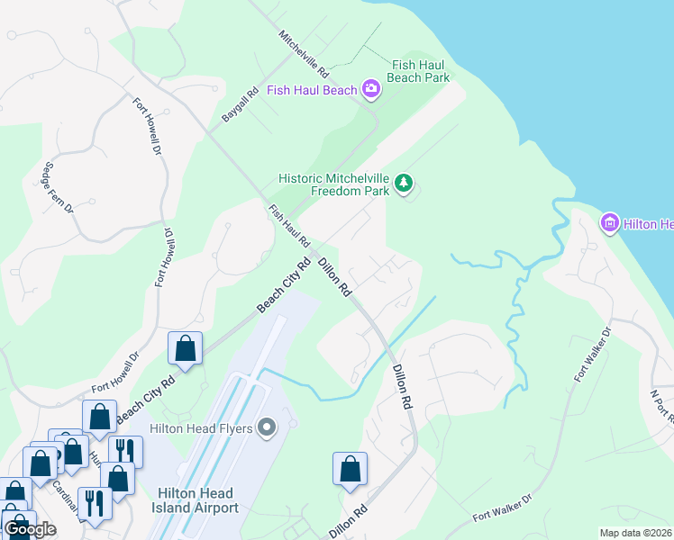 map of restaurants, bars, coffee shops, grocery stores, and more near 23 Arandas Way in Hilton Head Island