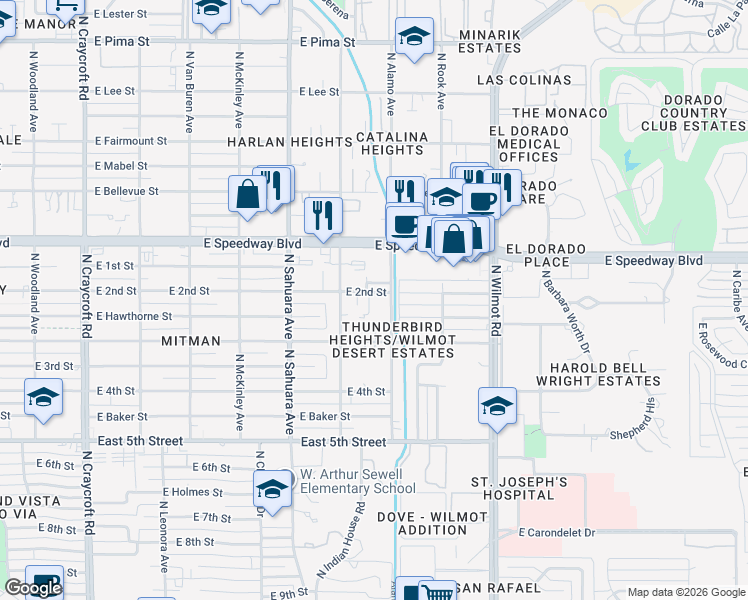 map of restaurants, bars, coffee shops, grocery stores, and more near 6060 East 2nd Street in Tucson