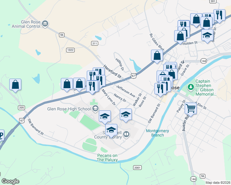 map of restaurants, bars, coffee shops, grocery stores, and more near 601 Nancy Drive in Glen Rose
