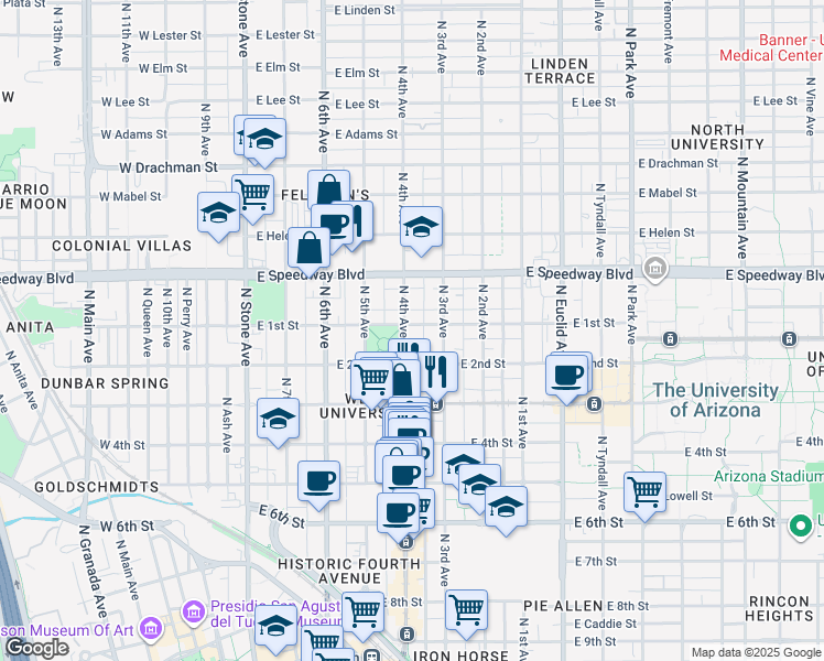 map of restaurants, bars, coffee shops, grocery stores, and more near 912 North 4th Avenue in Tucson