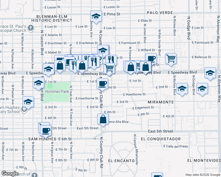 map of restaurants, bars, coffee shops, grocery stores, and more near 3148 East 2nd Street in Tucson