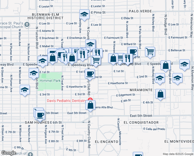 map of restaurants, bars, coffee shops, grocery stores, and more near 3148 East 2nd Street in Tucson