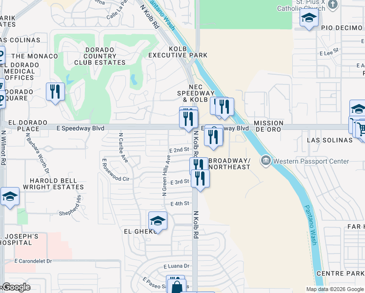 map of restaurants, bars, coffee shops, grocery stores, and more near 7022 East 2nd Street in Tucson