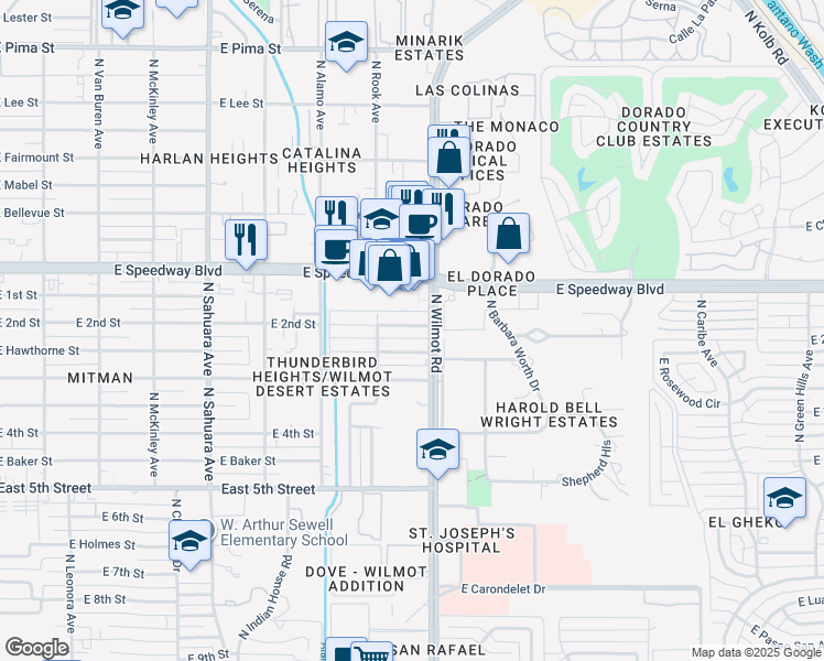 map of restaurants, bars, coffee shops, grocery stores, and more near 6249 East Hawthorne Street in Tucson