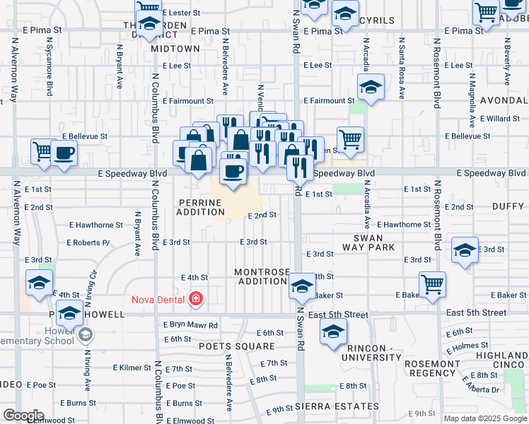 map of restaurants, bars, coffee shops, grocery stores, and more near 955 North Venice Avenue in Tucson