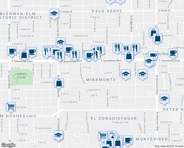 map of restaurants, bars, coffee shops, grocery stores, and more near 3401 East Hawthorne Street in Tucson