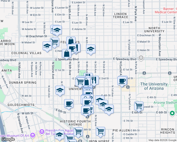 map of restaurants, bars, coffee shops, grocery stores, and more near 912 North 4th Avenue in Tucson