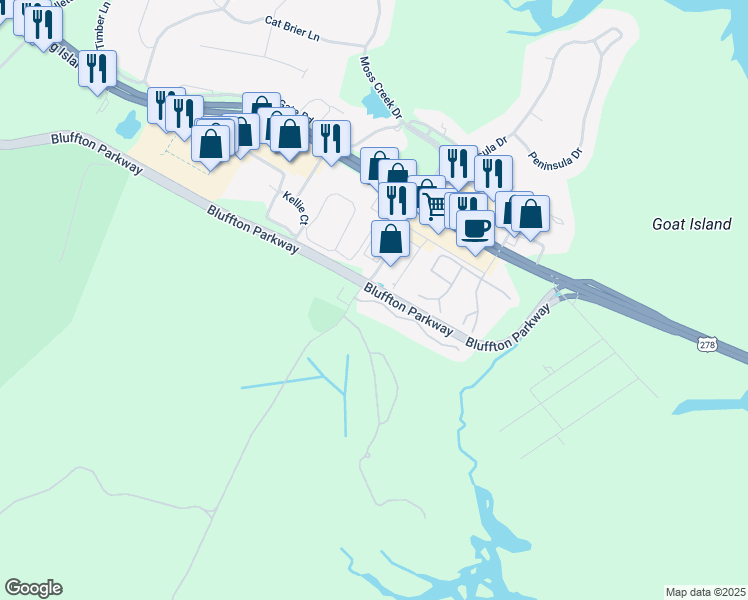 map of restaurants, bars, coffee shops, grocery stores, and more near 2 Old South Court in Bluffton