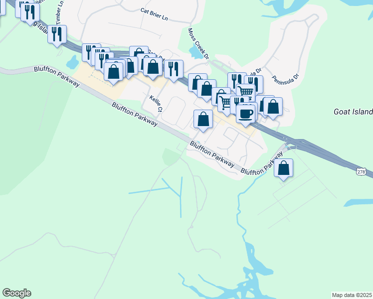 map of restaurants, bars, coffee shops, grocery stores, and more near 2 Old South Court in Bluffton