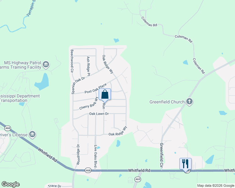 map of restaurants, bars, coffee shops, grocery stores, and more near 203 White Oak Place in Pearl