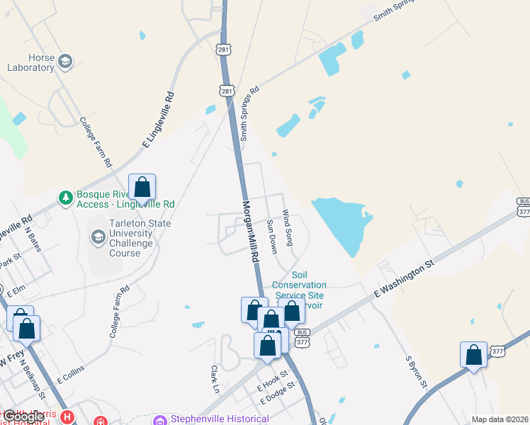map of restaurants, bars, coffee shops, grocery stores, and more near 315 Morgan Mill Road in Stephenville