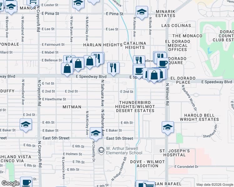 map of restaurants, bars, coffee shops, grocery stores, and more near 5970 East 2nd Street in Tucson