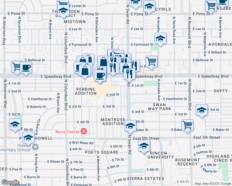 map of restaurants, bars, coffee shops, grocery stores, and more near 955 North Venice Avenue in Tucson