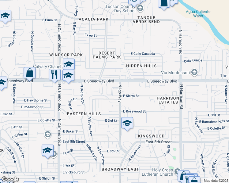 map of restaurants, bars, coffee shops, grocery stores, and more near 9031 East Sierra Street in Tucson