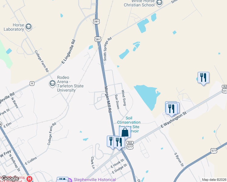 map of restaurants, bars, coffee shops, grocery stores, and more near 315 Morgan Mill Road in Stephenville