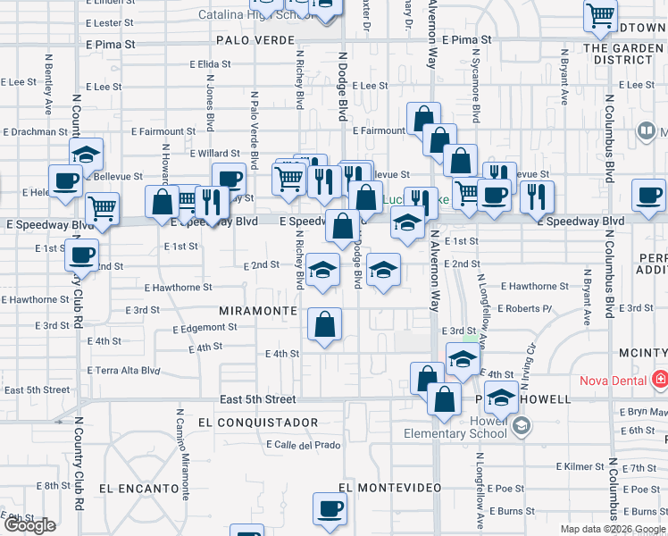 map of restaurants, bars, coffee shops, grocery stores, and more near 938 North Chrysler Drive in Tucson