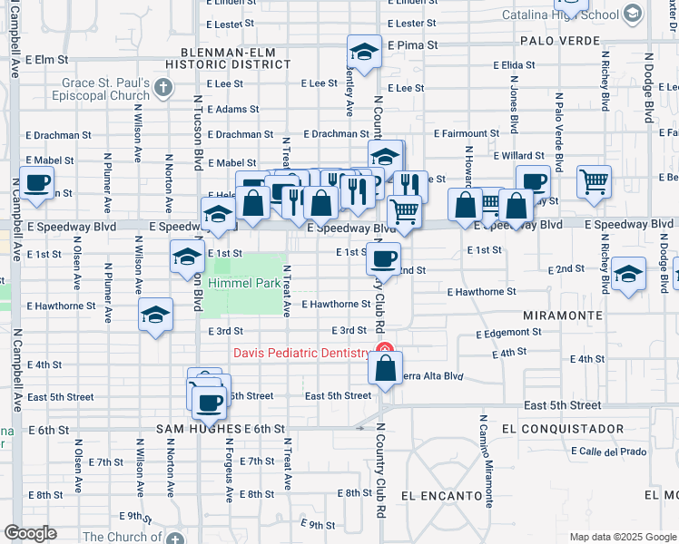 map of restaurants, bars, coffee shops, grocery stores, and more near 2937 East 2nd Street in Tucson