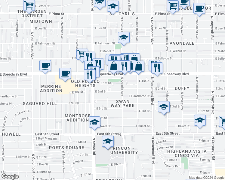 map of restaurants, bars, coffee shops, grocery stores, and more near 4825 East 2nd Street in Tucson