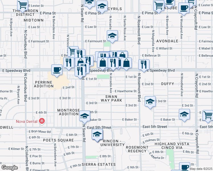 map of restaurants, bars, coffee shops, grocery stores, and more near 4838 East 2nd Street in Tucson