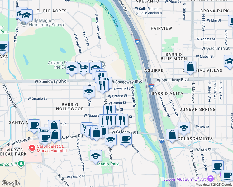 map of restaurants, bars, coffee shops, grocery stores, and more near 802 North Columbia Avenue in Tucson