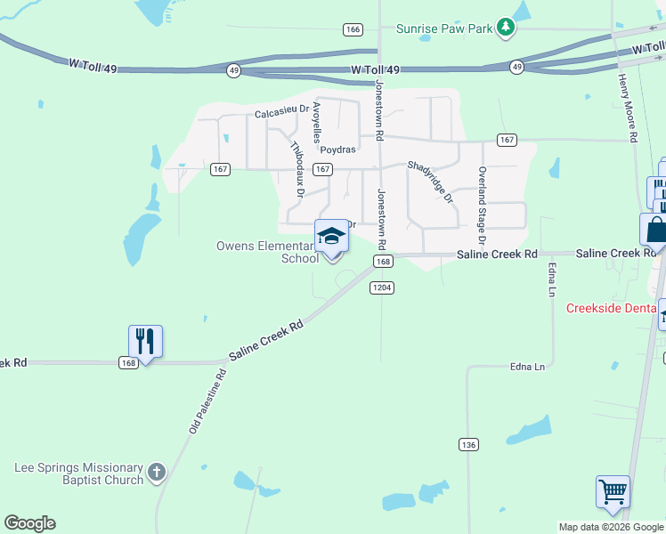 map of restaurants, bars, coffee shops, grocery stores, and more near 11781 County Road 168 in Tyler