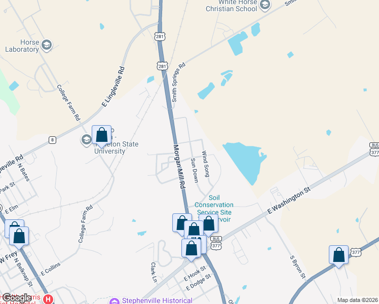 map of restaurants, bars, coffee shops, grocery stores, and more near 315 Morgan Mill Road in Stephenville