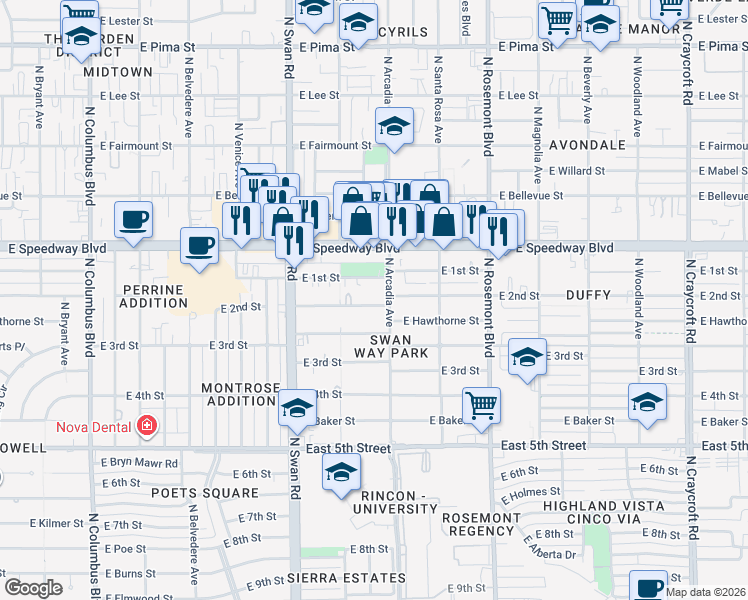 map of restaurants, bars, coffee shops, grocery stores, and more near 4838 East 2nd Street in Tucson