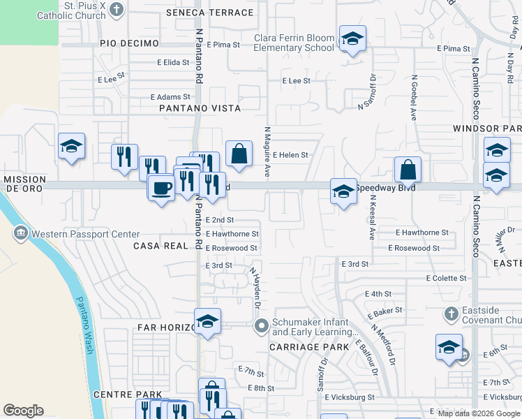 map of restaurants, bars, coffee shops, grocery stores, and more near 8080 East Speedway Boulevard in Tucson