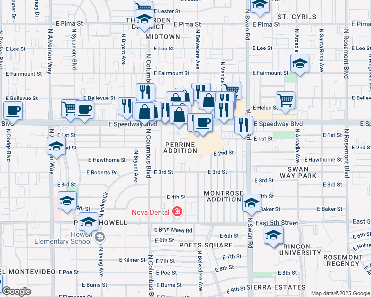 map of restaurants, bars, coffee shops, grocery stores, and more near 4414 East 2nd Street in Tucson