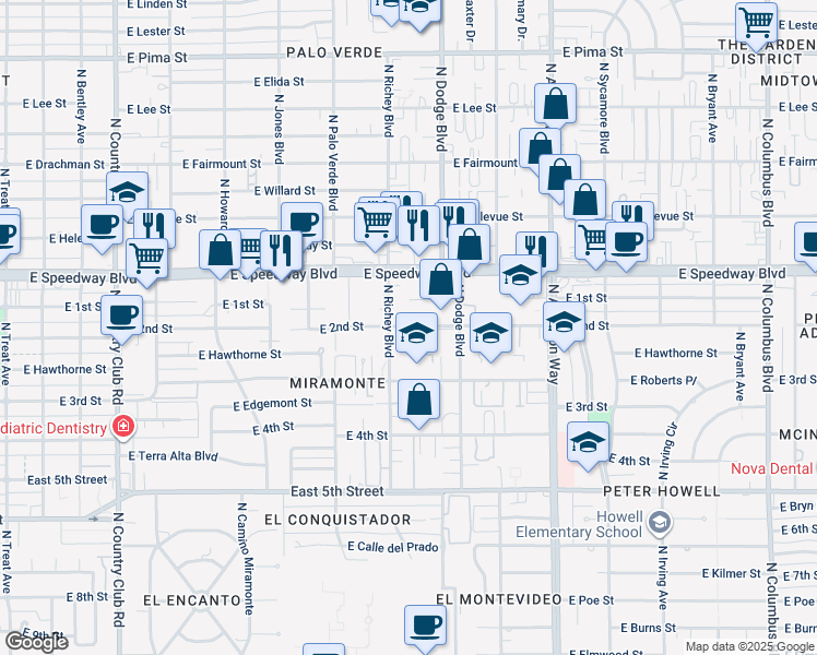 map of restaurants, bars, coffee shops, grocery stores, and more near 1099-1001 North Richey Boulevard in Tucson