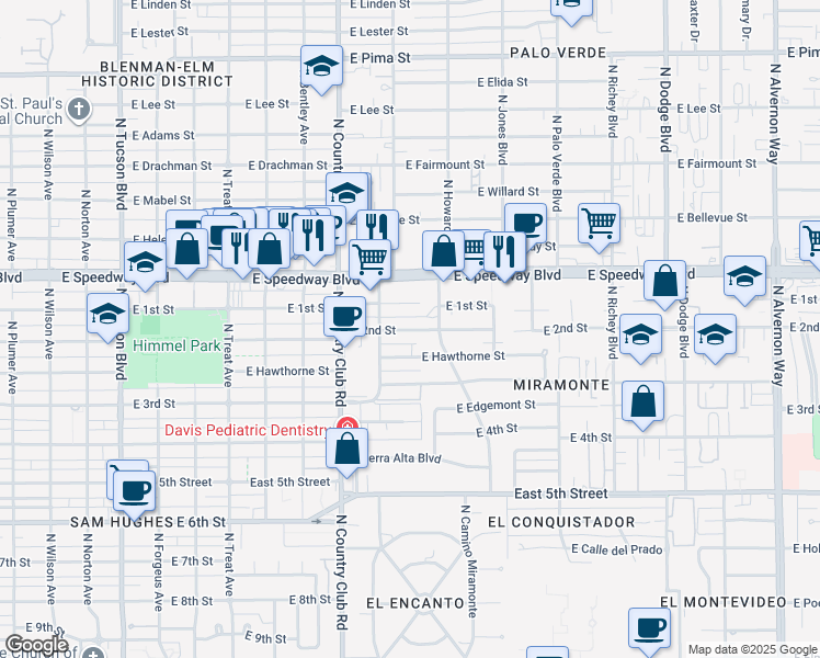 map of restaurants, bars, coffee shops, grocery stores, and more near 3244 East 1st Street in Tucson