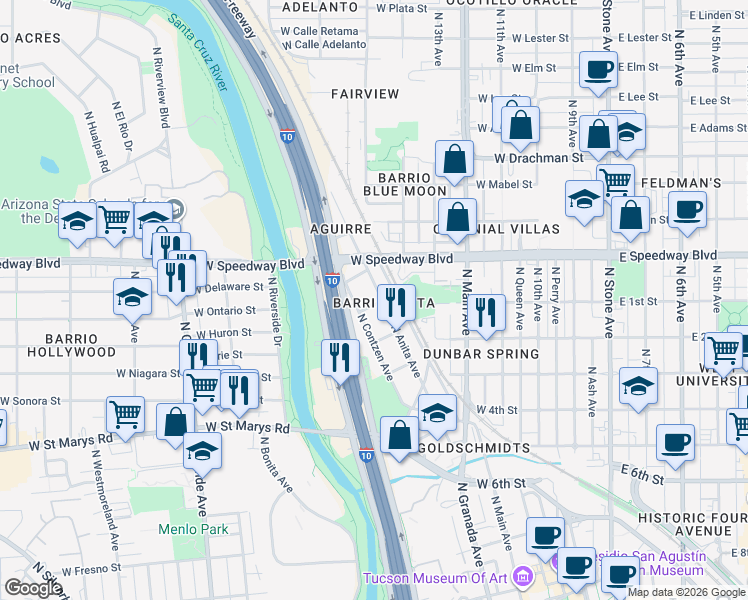 map of restaurants, bars, coffee shops, grocery stores, and more near 1041 North Anita Avenue in Tucson