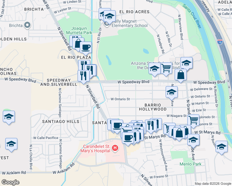 map of restaurants, bars, coffee shops, grocery stores, and more near 1614 West Delaware Street in Tucson