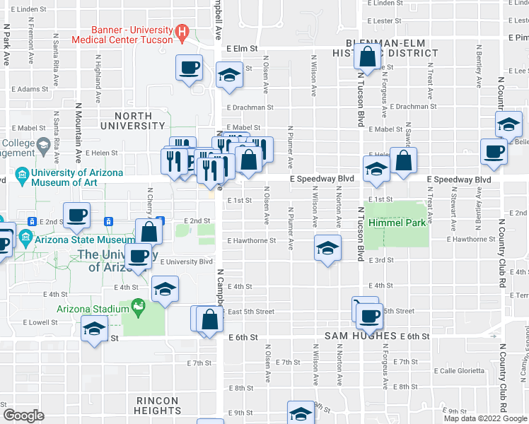 map of restaurants, bars, coffee shops, grocery stores, and more near 2039 East 1st Street in Tucson