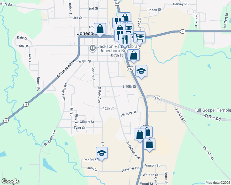 map of restaurants, bars, coffee shops, grocery stores, and more near 1115 South Hudson Avenue in Jonesboro