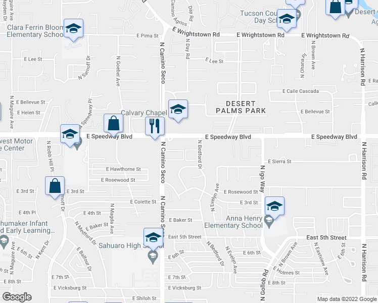 map of restaurants, bars, coffee shops, grocery stores, and more near 1033 North Bedford Drive in Tucson