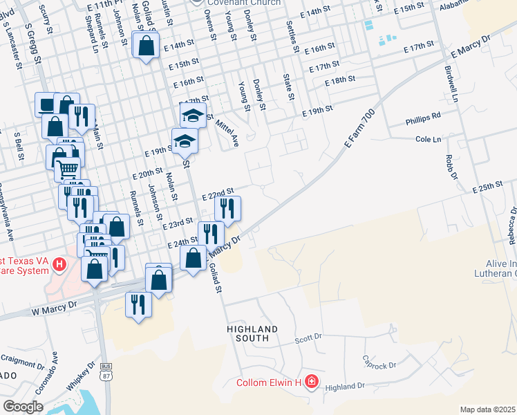 map of restaurants, bars, coffee shops, grocery stores, and more near 801 Farm to Market Road 700 in Big Spring