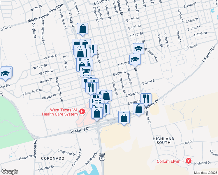map of restaurants, bars, coffee shops, grocery stores, and more near 101-199 East 21st Street in Big Spring