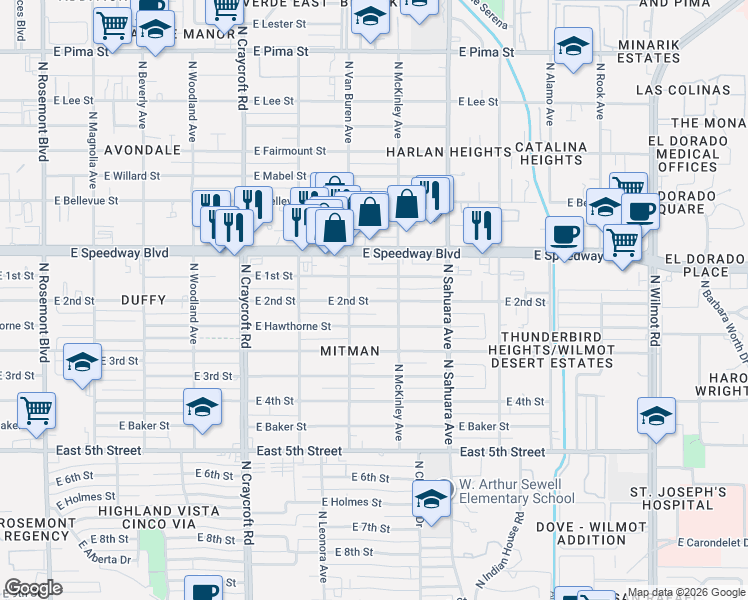 map of restaurants, bars, coffee shops, grocery stores, and more near 5744 East 1st Street in Tucson