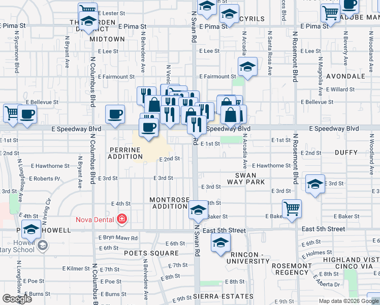 map of restaurants, bars, coffee shops, grocery stores, and more near 4645 East 1st Street in Tucson