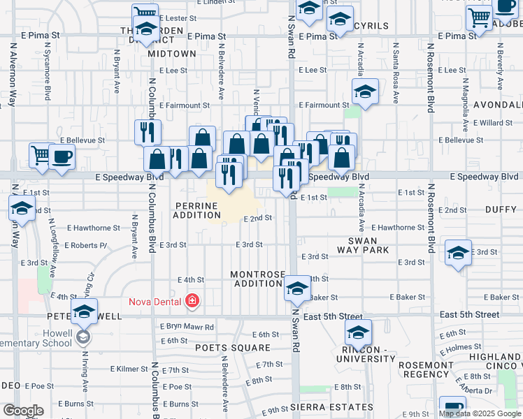 map of restaurants, bars, coffee shops, grocery stores, and more near 4598 East Speedway Boulevard in Tucson