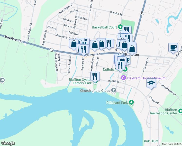 map of restaurants, bars, coffee shops, grocery stores, and more near 51 Guerrard Avenue in Bluffton